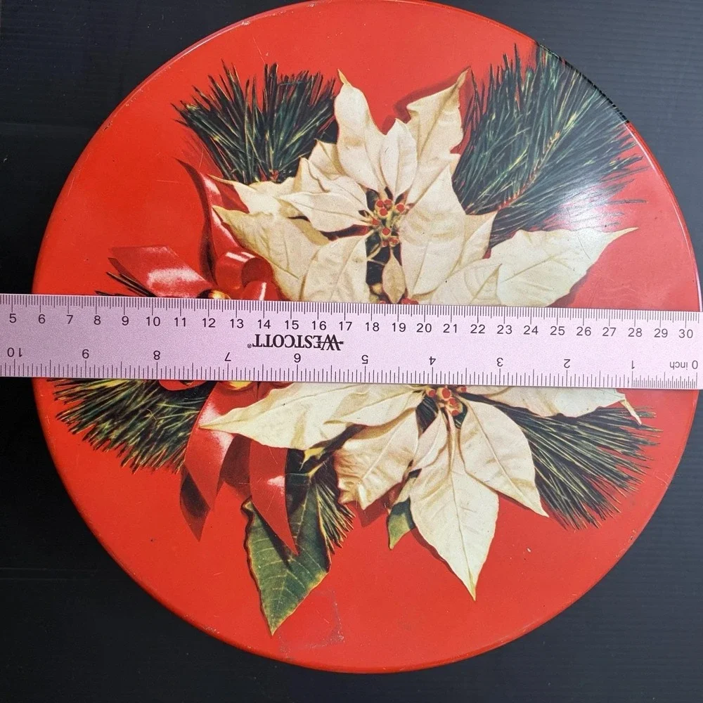 Vintage Christmas Poinsettias Round Metal Tin Red White Flowers Pine Bells